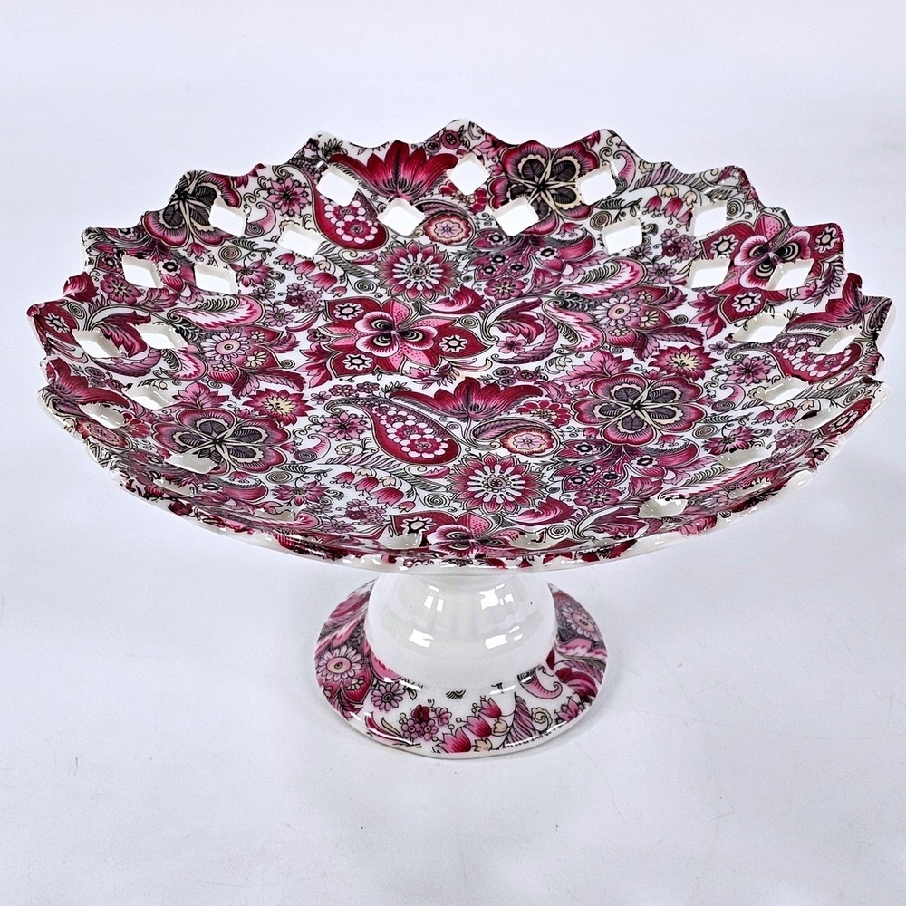 Arnart Creation Royal Paisley Pedestal Cake Stand Pink Floral Reticulated Japan